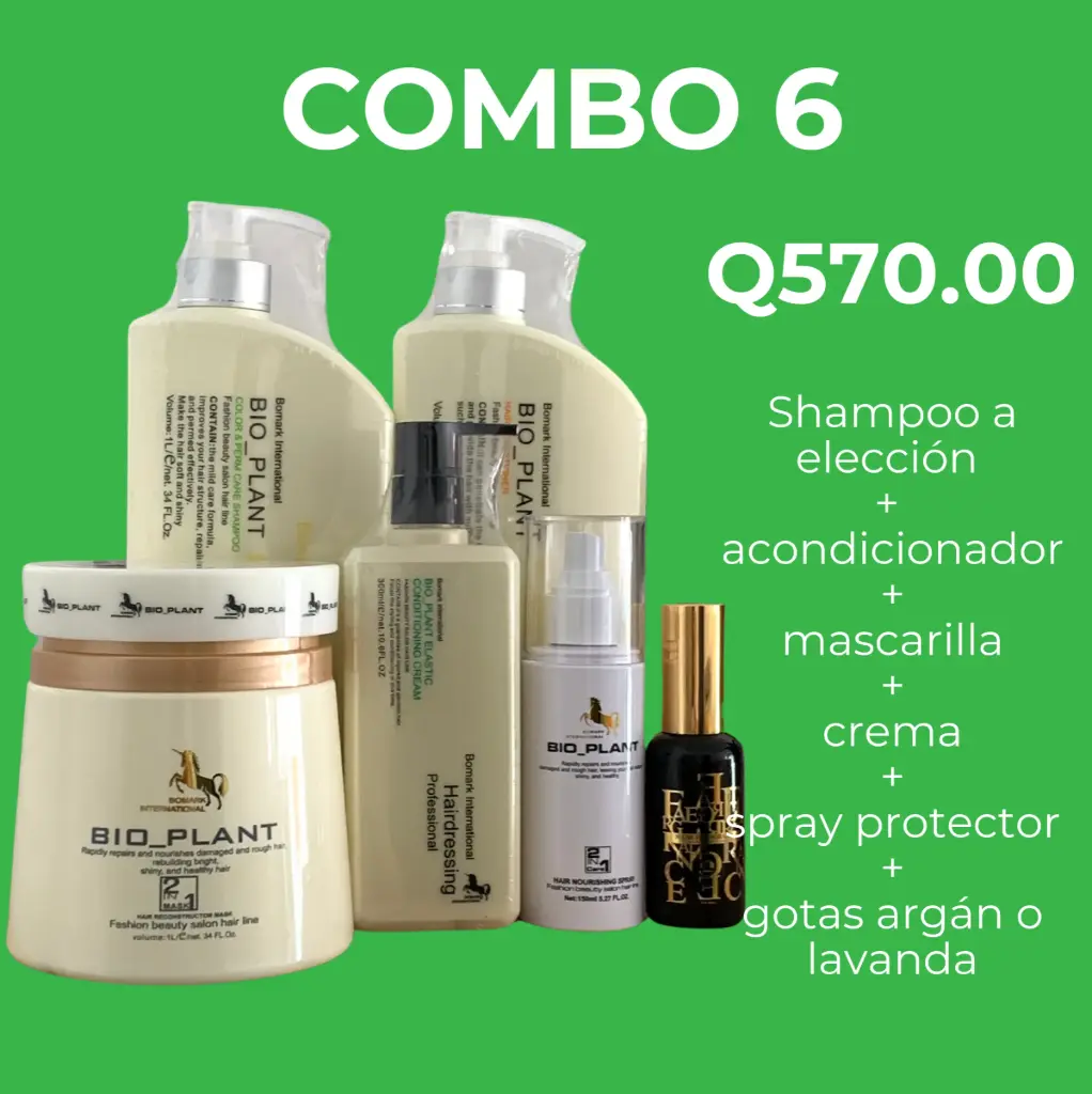 BioPlant Combo 6: Shampoo, Acondicionador, Crema, Mascarilla, Spray y Aceite de Argán